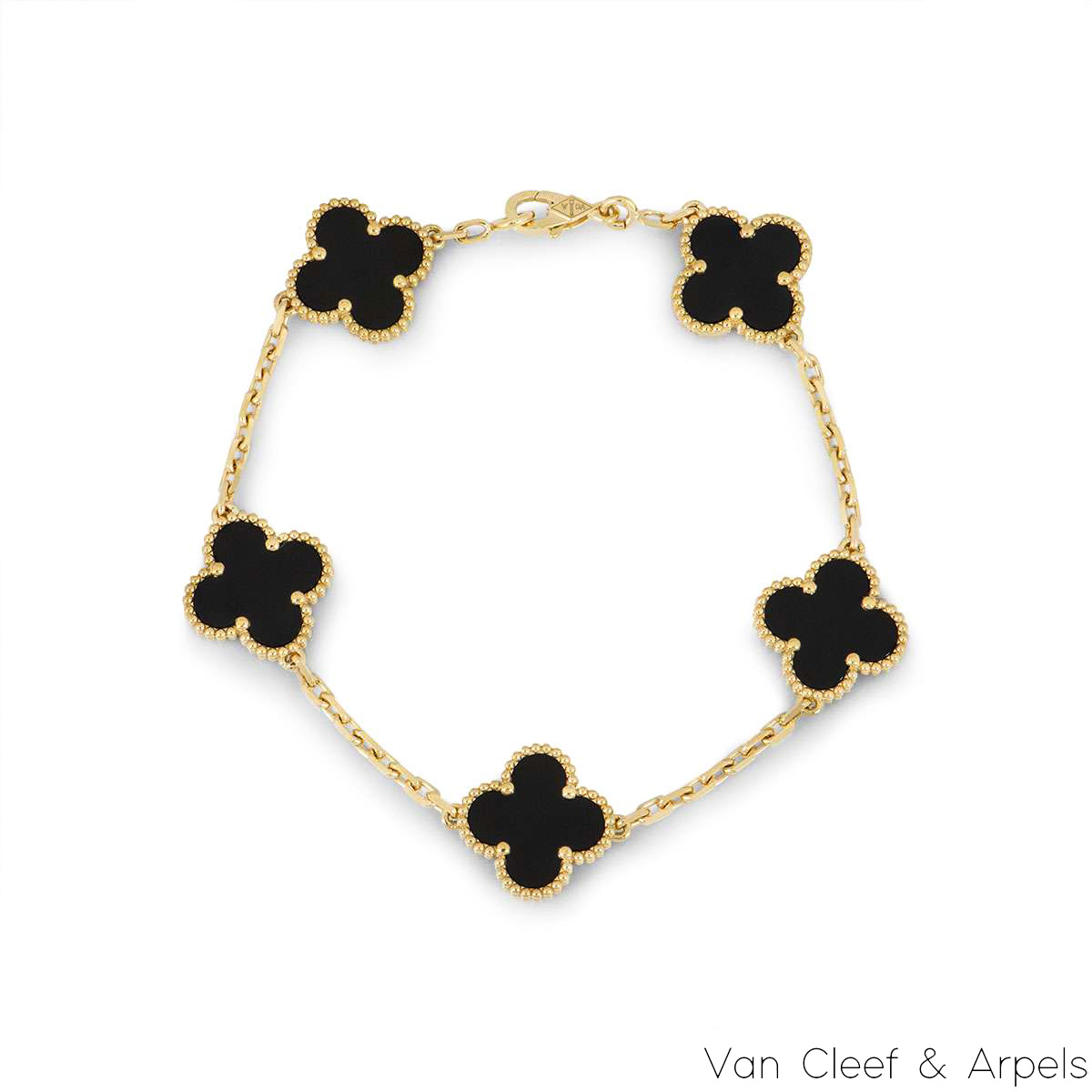 Van Cleef & Arpels Yellow Gold Onyx Vintage Alhambra 5 Motif Bracelet VCARA41300